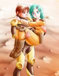  1boy 1girl blue_eyes brown_hair carrying elchi_cargo green_hair grin hair_clip hair_ornament hairclip jiron_amos no_pupils princess_carry sentou_mecha_xabungle smile 