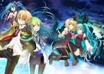  4girls black_legwear blonde_hair blue_eyes blue_hair bow character_request gloves green_hair hair_bow hatsune_miku kagamine_len kagamine_rin long_hair looking_at_viewer microphone multiple_girls pantyhose short_hair skirt smile thighhighs vocaloid wogura 