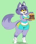 2023 absurd_res anthro bangs black_eyebrows black_nose bottomwear breasts burger canid canine cleavage clothed clothed_anthro clothed_female clothing cloudidoodles countershading digital_drawing_(artwork) digital_media_(artwork) dipstick_tail eyebrow_through_hair eyebrows eyelashes female female_anthro fingers food footwear fox front_view full-length_portrait fur gloves_(marking) green_background hair hi_res holding_burger holding_food holding_object holding_sandwich mammal markings midriff multicolored_body multicolored_fur navel open_mouth open_smile portrait purple_body purple_ears purple_eyelids purple_fur purple_hair purple_tail_tip roxanne_oxley sandwich_(food) shoes shorts simple_background sleeveless_shirt smile solo standing tail tail_markings teal_bottomwear teal_clothing teal_shorts teal_topwear thick_thighs topwear translucent translucent_hair white_body white_clothing white_countershading white_footwear white_inner_ear white_shoes yellow_sclera