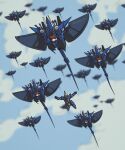  absurdres barzam blue_sky blurry blurry_background cloud cloudy_sky commentary english_commentary flying gundam hambrabi highres kampen1184 mecha mecha_focus mobile_suit no_humans one-eyed red_eyes robot science_fiction sky twitter_username zeta_gundam 