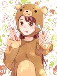  :p animal_costume bear_costume blush fork kinoebi knife long_hair original outline red_eyes red_hair smile solo tongue tongue_out 