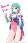  adapted_costume alternate_hairstyle aqua_hair arm_behind_back bad_id bad_pixiv_id bare_shoulders blue_eyes blush breasts character_name cleavage dated goyain gradient_hair grin league_of_legends leotard long_hair long_legs medium_breasts multicolored_hair pink_leotard purple_hair signature smile solo sona_buvelle very_long_hair white_background 