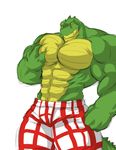  abs alligator anthro biceps big_muscles bulge clothing crocodile flammars green_skin horn huge_muscles male muscles orange_eyes pec_grasp pecs plain_background pose reptile ripped scales scalie short shorts solo standing toned topless unf wani white_background yellow_eyes yellow_skin 