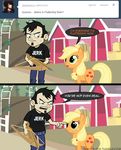  black_hair blonde_hair clothed clothing comic crossbow crossover cutie_mark dan dan_vs english_text equine feral freckles friendship_is_magic fur green_eyes hair horse human mammal mixermike622 my_little_pony orange_fur pony ranged_weapon text tumblr weapon 