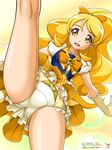  bad_id bad_pixiv_id blonde_hair bow bowtie brooch cure_honey hair_bow happinesscharge_precure! jewelry kicking kneepits leg_up long_hair magical_girl onoe oomori_yuuko orange_skirt panties precure skirt smile solo underwear wide_ponytail wrist_cuffs yellow_eyes yellow_panties 