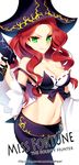 bare_shoulders breasts character_name cleavage english green_eyes gun handgun hat large_breasts league_of_legends long_hair looking_at_viewer midriff navel opalheart pirate_hat pistol red_hair sarah_fortune simple_background smile solo tricorne watermark weapon web_address white_background 