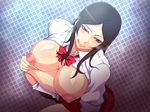  1girl areolae black_hair blue_eyes blush breasts breasts_outside highres huge_breasts legs long_hair looking_at_viewer munmun_dou naughty_face nipples no_bra open_clothes saliva sitting skirt smile solo thighs tongue 