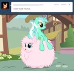  blue_eyes cutie_mark duo english_text equine female feral fluffle_puff fluffy friendship_is_magic fur green_fur hair horn horse lyra_(mlp) lyra_heartstrings_(mlp) mammal mixermike622 my_little_pony outside pink_fur pink_hair pony ponyville sitting text tongue tongue_out tumblr two_tone_hair unicorn 