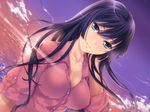  1girl adjusting_hair blue_eyes blue_hair breasts cleavage cloud covered_nipples erect_nipples evening fujisaka_kuuki game_cg koarashi_rikka large_breasts long_hair looking_at_viewer ocean shindan_no_kekka_sore_wa_koi_no_yamai_desu sky smile solo standing water 