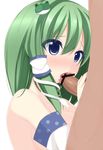  bad_id bad_pixiv_id blue_eyes breasts censored chimunge cum cum_in_mouth detached_sleeves fellatio frog_hair_ornament green_hair hair_ornament hair_tubes highres kochiya_sanae long_hair medium_breasts nude oral penis snake_hair_ornament solo_focus touhou 