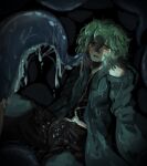  blush bulge dark dripping green_eyes green_hair gzpxllztt highres imminent_penetration large_bulge len'en scared shiny_skin shitodo_aoji shorts slime_(substance) slimy tentacles wet wet_clothes wet_hair 