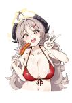  1girl absurdres bare_shoulders bikini black_horns blue_archive blush breasts cleavage collarbone commentary_request curled_horns food front-tie_bikini_top front-tie_top hair_ornament hairclip halo highres holding holding_food horns hot_dog izumi_(blue_archive) izumi_(swimsuit)_(blue_archive) komasi large_breasts long_hair looking_at_viewer navel official_alternate_costume open_mouth red_bikini simple_background smile solo swimsuit v white_background yellow_eyes 