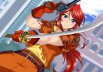  asymmetrical_dual_wielding belt blue_eyes blush cowboy_western dual_wielding freckles gemini_sunrise gloves gun handgun highres holding holding_sword holding_weapon jacket katana looking_at_viewer multiple_belts orange_jacket orange_skirt ponytail red_gloves red_hair sakura_taisen sakura_taisen_v shirt sidelocks skirt sword wavelevel5 weapon yellow_shirt 