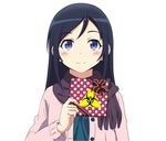  aragaki_ayase biohazard_symbol black_hair blue_eyes gift lavoy_(kurakuro) long_hair looking_at_viewer official_style ore_no_imouto_ga_konna_ni_kawaii_wake_ga_nai simple_background solo upper_body valentine white_background 