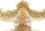  bare_shoulders blonde_hair blush cherry dress food fruit green_eyes hair_ribbon hands_clasped interlocked_fingers long_hair original own_hands_together ribbon smile solo very_long_hair vetina wavy_hair white_background 