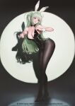  1girl absurdres animal_ears antenna_hair black_bow black_bowtie black_leotard black_pantyhose blush bow bow-shaped_hair bowtie breasts cleavage commentary covered_navel detached_collar embarrassed english_commentary fake_animal_ears fake_tail full_body goddess_of_victory:_nikke green_hair heart_antenna_hair highleg highleg_leotard highres inging823 korean_commentary large_breasts latex latex_leotard leaning_forward leotard leotard_tug lips long_hair looking_to_the_side mixed-language_commentary no_shoes official_alternate_costume open_mouth pantyhose playboy_bunny purple_eyes rabbit_ears rabbit_tail shadow soda_(nikke) soda_(twinkling_bunny)_(nikke) solo spotlight standing strapless strapless_leotard tail tiptoes traditional_bowtie two_side_up undersized_breast_cup watermark white_wrist_cuffs wrist_cuffs 