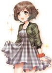  akiyama_yukari black_dress blush brown_eyes brown_hair casual checkered checkered_dress commentary curly_hair dress girls_und_panzer highres jacket looking_at_viewer open_mouth plaid short_hair skirt_hold smile solo sparkle standing totonii_(totogoya) unmoving_pattern wristband 