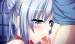  1girl amagasa_setsuna atelier_kaguya blue_eyes blue_hair blush collar cum cum_in_mouth fellatio game_cg nude oral tamahaji!_-tamatama_hajikeru_imouto-tachi 