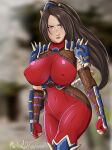  1girl absurdres arm_guards armor bodysuit breasts brown_eyes brown_hair covered_navel covered_nipples fingerless_gloves gloves highres impossible_bodysuit impossible_clothes kodachi kuji-in large_breasts long_hair looking_at_viewer michael_gonzalez ninja ponytail red_bodysuit short_sword shoulder_armor skin_tight sleeveless sleeveless_bodysuit solo soulcalibur sword taki_(soulcalibur) weapon 
