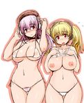  badhand bikini blonde_hair blush breasts flying_sweatdrops headphones highres large_breasts long_hair looking_at_viewer micro_bikini multiple_girls nipples nitroplus open_mouth pink_hair pubic_hair red_eyes simple_background smile super_pochaco super_sonico swimsuit thigh_gap white_background 