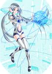  blue_eyes bodysuit commentary_request english floating grey_hair high_heels highres holographic_interface kinoebi knees_together_feet_apart lips long_hair looking_at_viewer navel original solo thighhighs twintails very_long_hair 