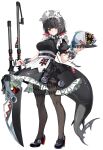  1girl 1other bangboo_(zenless_zone_zero) black_pantyhose black_shoes closed_mouth colored_inner_hair ellen_joe fins fish_tail frilled_wristband hairband highres holding holding_weapon looking_at_viewer maid maid_headdress metal_hairband mole mole_on_arm mole_under_eye multicolored_hair nemun_(tamizzz) pantyhose plate razor_blade_hair_ornament red_eyes red_nails scar scar_on_tail shark_girl shark_tail sharkboo_(zenless_zone_zero) shoes spiked_headband tail weapon white_background zenless_zone_zero 