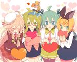  4girls ahoge aqua_eyes blonde_hair blush closed_eyes glasses green_eyes green_hair gumi hair_ornament hair_ribbon hairclip hat hatsune_miku heart ia_(vocaloid) kagamine_len kagamine_rin long_hair multiple_girls necktie open_mouth pantyhose pink_hair ribbon short_hair skirt thighhighs valentine very_long_hair vocaloid yoshiki 