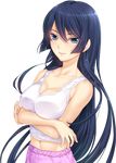  1girl blue_eyes blue_hair breasts cleavage crossed_arms fujisaka_kuuki game_cg highres koarashi_rikka large_breasts long_hair looking_at_viewer navel shindan_no_kekka_sore_wa_koi_no_yamai_desu shorts simple_background smile solo white_background 