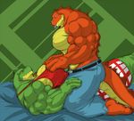  &lt;3 abs alligator anthro bed belt biceps big_muscles breasts brown_skin claws clothing couple crocodile duo flammars gay green_skin grin gripping grope holding horn huge_muscles jeans kneeling lying male muscles on_back on_top orange_eyes orange_skin pants pec_grasp pecs pillow pose raised_leg reptile ripped scales scalie shirt shorts smile straddling tank_top toe_claws toned tongue tongue_out topless unf wani who yellow_eyes yellow_skin 