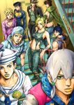  1girl 6+boys absurdres anchor_ornament araki_hirohiko_(style) arm_tattoo asymmetrical_bangs back backpack bag battle_tendency beanie belt birthmark black_belt black_coat black_hair black_hat blonde_hair blue_coat blue_eyes blue_hair blue_hat blue_hoodie blue_lips blue_overalls blue_shirt braid brown_bag brown_hair butterfly_tattoo cleavage_cutout clothing_cutout coat commentary_request compass_rose crop_top denim diamond_wa_kudakenai dixie_cup_hat family father_and_daughter father_and_son giorno_giovanna grandfather_and_grandson green_eyes green_hair green_lips green_pants green_scarf green_shirt green_tank_top grey_hair grey_shirt hair_ornament hat heart_ornament higashikata_josuke higashikata_josuke_(jojolion) high_collar highres hood hood_down hoodie horseshoe_hat_ornament horseshoe_ornament in-franchise_crossover indoors jacket jeans jodio_joestar joestar_birthmark johnny_joestar jojo_no_kimyou_na_bouken jojolion jonathan_joestar joseph_joestar joseph_joestar_(young) kaib0y kujo_jolyne kujo_jotaro ladder ladybug_ornament long_bangs long_coat long_hair military_hat multicolored_eyes multicolored_hair multiple_belts multiple_boys overalls pants peace_symbol peaked_cap pectoral_cleavage pectorals phantom_blood pink_jacket purple_eyes sailor sailor_collar sailor_hat scarf shirt short_sleeves side_braid sleeveless sleeveless_shirt smile spider_web_print standing star_(symbol) star_hair_ornament stardust_crusaders steel_ball_run stone_ocean striped_clothes striped_scarf tank_top tattoo the_jojolands time_paradox to_be_continued two-tone_eyes two-tone_hair uncle_and_nephew vento_aureo vertical-striped_clothes vertical-striped_scarf very_long_hair white_hair white_hat white_sailor_collar yellow_lips yellow_shirt zipper zipper_pull_tab 