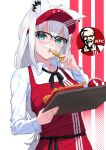  1girl :o absurdres ahoge alternate_costume animal_ear_fluff animal_ears apron aqua_eyes bangom_r bespectacled black-framed_eyewear black_ribbon braid chicken_(food) collared_shirt colonel_sanders colonel_sanders_(cosplay) commentary_request cosplay cup disposable_cup dress_shirt drinking_straw eating extra_ears fake_facial_hair fake_mustache food fox_ears fox_girl fox_tail french_fries fried_chicken glasses hat highres holding holding_food holding_tray hololive kfc logo long_hair looking_at_viewer neck_ribbon open_mouth over-rim_eyewear red_apron red_hat ribbon semi-rimless_eyewear shirakami_fubuki shirt side_braid sidelocks solo tail tray upper_body virtual_youtuber visor_cap white_hair white_shirt 