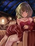  arm_support armchair bangs blue_eyes blunt_bangs blush bob_cut chair dress feeding green_eyes green_hair heterochromia highres idolmaster idolmaster_cinderella_girls indoors jewelry lamp leaning_forward looking_at_viewer mole mole_under_eye necklace night night_sky parted_lips pov_feeding red_dress shiokonbu shooting_star short_hair sitting sky skylight sleeveless sleeveless_dress smile solo star_(sky) starry_sky strap_slip takagaki_kaede 