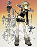  1girl absurdres bags_under_eyes belt_buckle black_shirt black_skirt blonde_hair blue_eyes boots brown_boots buckle collar cyber_sigilism full_body gradient_background hair_ornament highres holding holding_mace holding_weapon long_hair long_sleeves looking_at_viewer mace midriff miniskirt navel original print_shirt shirt simple_background skirt skull_belt skull_hair_ornament solo spiked_mace spikes standing star_(symbol) star_hair_ornament streetwear sword thighhighs twintails vinne weapon white_thighhighs y2k_fashion zettai_ryouiki 