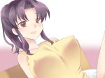  1girl ame_sable bare_arms bare_shoulders bed breasts breasts_apart brown_eyes erect_nipples high_ponytail highres katsuragi_misato large_breasts legs long_ponytail looking_at_viewer neon_genesis_evangelion open_mouth pillow ponytail purple_hair shirt simple_background sitting sleeveless smile solo thighs yellow_shirt 