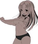  bad_id bad_pixiv_id blush breasts highres long_hair medium_breasts monochrome navel open_mouth pokachu shirt_lift simple_background smile solo underboob white_background 