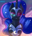  &lt;3 armor blue_eyes blue_hair cat_eyes cloud equine eyeshadow female feral friendship_is_magic hair helmet horn horse looking_at_viewer makeup mammal moon my_little_pony nightmare_moon_(mlp) one_eye_closed outside pony sky skyline19 slit_pupils solo sparkles sunset winged_unicorn wings wink 