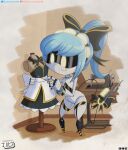 absurd_res android blue_hair clothing digital_media_(artwork) disassembly_drone dress fan_character female fingers glitch_productions hair hazard_stripes headgear headwear hi_res humanoid jackintaro machine murder_drones not_furry ponytail ribbons robot robot_humanoid sewing sewing_needle solo syringe tail tailed_humanoid white_body yellow_eyes