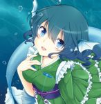  animal_ears aqua_nails blue_eyes blue_hair bubble hand_on_own_chest head_fins highres japanese_clothes kimono long_sleeves looking_at_viewer mermaid monster_girl nail_polish namakobuta obi open_mouth sash short_hair smile solo text_in_eyes touhou underwater wakasagihime wide_sleeves 