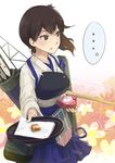  1girl archery arrow blush bow_(weapon) breasts brown_eyes brown_hair chocolate chocolate_heart hakama_skirt heart japanese_clothes kaga_(kantai_collection) kantai_collection kyuudou lif long_hair medium_breasts muneate paper quiver short_hair side_ponytail skirt solo spoken_ellipsis tirol_chocolate tray valentine weapon 