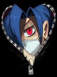  1girl alex_ahad blue_hair lab_zero_games looking_at_viewer official_art red_eyes skullgirls solo surgical_mask symbol-shaped_pupils unzipped valentine valentine_(skullgirls) yandere zipper 