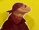  ambiguous_gender amit anthro bandanna clothing coat eyewear glasses grey_eyes jacket kerchief komodo_dragon lizard monitor_lizard nostrils plain_background reptile scalie solo sunglasses sweater teashades turtleneck yellow_background 