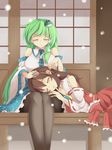  ascot blush breasts brown_hair closed_eyes cotton_swab detached_sleeves ear_cleaning frog_hair_ornament fuku_arashi green_eyes green_hair hair_ornament hair_ribbon hair_tubes hakurei_reimu highres kochiya_sanae lap_pillow large_breasts long_hair long_sleeves lying mimikaki multiple_girls outdoors pantyhose ribbon sitting sliding_doors touhou 