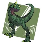 2_horns 3_toes abelisaurid absurd_res ambiguous_gender biped bipedal_feral buresu21 carnotaurus claws digitigrade dinosaur feet feral full-length_portrait green_background green_body green_scales green_sclera hi_res horn jurassic_park open_mouth portrait prehistoric_species reptile saurischian scales scalie sharp_teeth simple_background small_arms small_hands solo spikes spikes_(anatomy) standing striped_body striped_scales stripes tail teeth theropod toes tongue tongue_out universal_studios