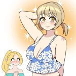  2girls absurdres arm_behind_head bare_shoulders bbycheese blonde_hair blush breasts camisole cleavage commentary dungeon_meshi falin_touden falin_touden_(tallman) floral_print green_eyes high_ponytail highres large_breasts marcille_donato midriff multiple_girls off-shoulder_shirt off_shoulder pointy_ears ponytail shirt short_ponytail smile sparkle sparkling_aura yellow_eyes 