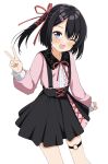  1girl ;d alternate_costume black_hair black_skirt blue_eyes blush center_frills commentary_request commission cowboy_shot dracu-riot! floating_hair frilled_shirt frills hair_between_eyes hair_ornament hair_ribbon hairclip hand_up happy high-waist_skirt highres jirai_kei long_sleeves looking_at_viewer medium_hair mera_azusa neck_ribbon o-ring o-ring_thigh_strap one_eye_closed one_side_up open_mouth pink_shirt red_ribbon ribbon shirt simple_background skirt smile solo straight_hair suspender_skirt suspenders textless_version tft_(tft7822) thigh_strap v white_background 