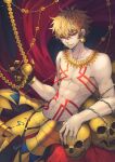  1boy armor armored_boots black_gloves blonde_hair body_markings boots bracelet chain chain_around_arm collarbone cube_earrings curtains darkavey earrings english_commentary evil_smile fate/grand_order fate_(series) faulds gilgamesh_(fate) gloves gold_bracelet gold_earrings gold_necklace hair_between_eyes hand_up highres jewelry looking_at_viewer male_focus navel necklace pectorals pixiv_fate/grand_order_contest_1 red_eyes short_hair single_glove skull smile solo sparkle teeth topless_male v-shaped_eyebrows yellow_armor 