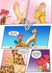  absurd_res anthro avian balls bird breasts butt chicken comic digital_media_(artwork) duo english_text erection galliform gallus_(genus) genitals giraffe giraffid glans hi_res male male/male mammal nude penis phasianid simple_background tail text zaryuzu_73 