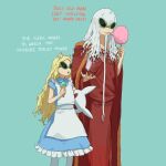  1boy 1girl absurdres age_difference alice_anotherbible animal_ears apron aqua_background beard blonde_hair blue_dress bunny_grey_(toaru) cat_ears child closed_mouth cotton_candy dress eating english_text facial_hair feet_out_of_frame food frilled_apron frilled_dress frills height_difference highres holding holding_ice_cream_cone ice_cream ice_cream_cone johann_valentin_andreae long_beard long_hair open_mouth out_of_frame pantyhose red_robe robe short_sleeves simple_background standing stuffed_animal stuffed_toy sunglasses tatararashi toaru_majutsu_no_index toaru_majutsu_no_index:_genesis_testament white_apron white_beard white_hair white_pantyhose 