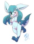 blue_fur blue_hair breasts ear_tuft eeveelution female fur glaceon hair happy looking_at_viewer navel nintendo nipples nude one_eye_closed open_mouth plain_background pok&#233;mon pok&eacute;mon pussy signature solo tuft video_games white_background 
