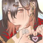  1boy bandaged_fingers bandages bandaid blush brown_hair colored_inner_hair eyelashes fingernails forked_tongue hair_ornament hairclip heart highres male_focus milkkum multicolored_hair nu_carnival tongue tongue_out two-tone_hair yakumo_(nu_carnival) 
